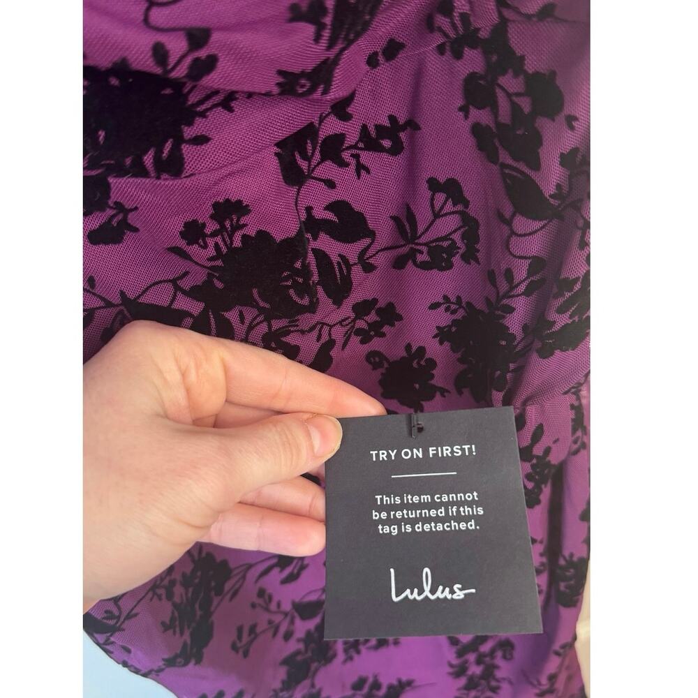 LULU'S NWT Decadent Flirt Purple Mesh Velvet Ruched Bodycon Midi Dress Size XL - Picture 13 of 14
